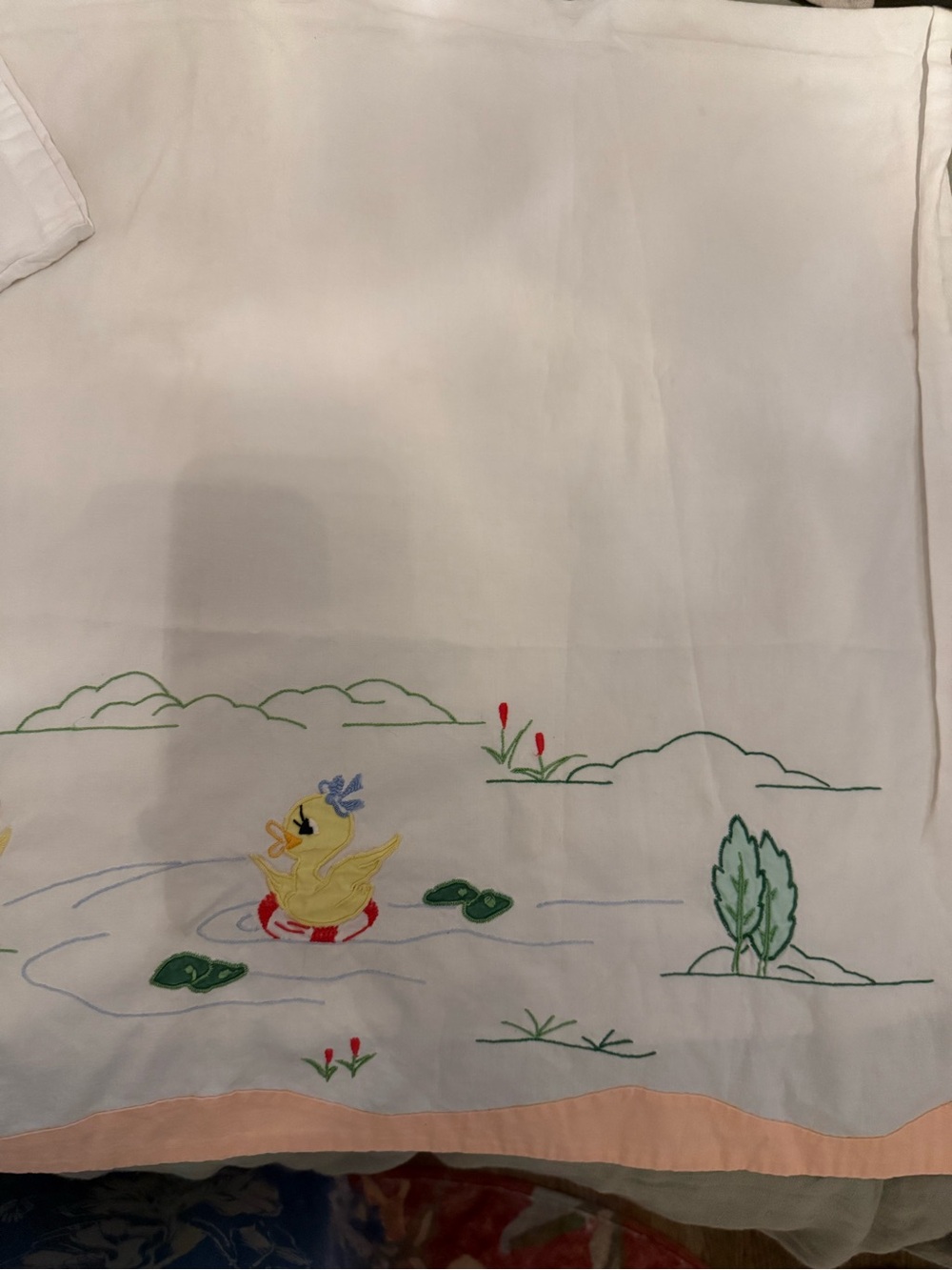 Vintage 1990s infant White Embroidered Duck Swim sheet and pillow case